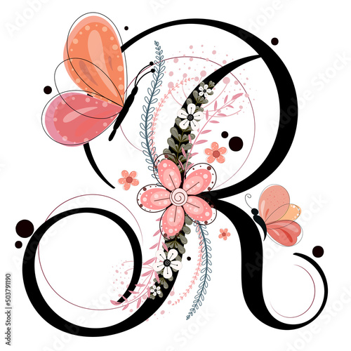  Alphabet ornaments. LETTER R floral vector with flowers, butterfly and leaves, vintage handwritten, Decoration vintage for invites card and other concept ideas. Illustration letter R anniversary	