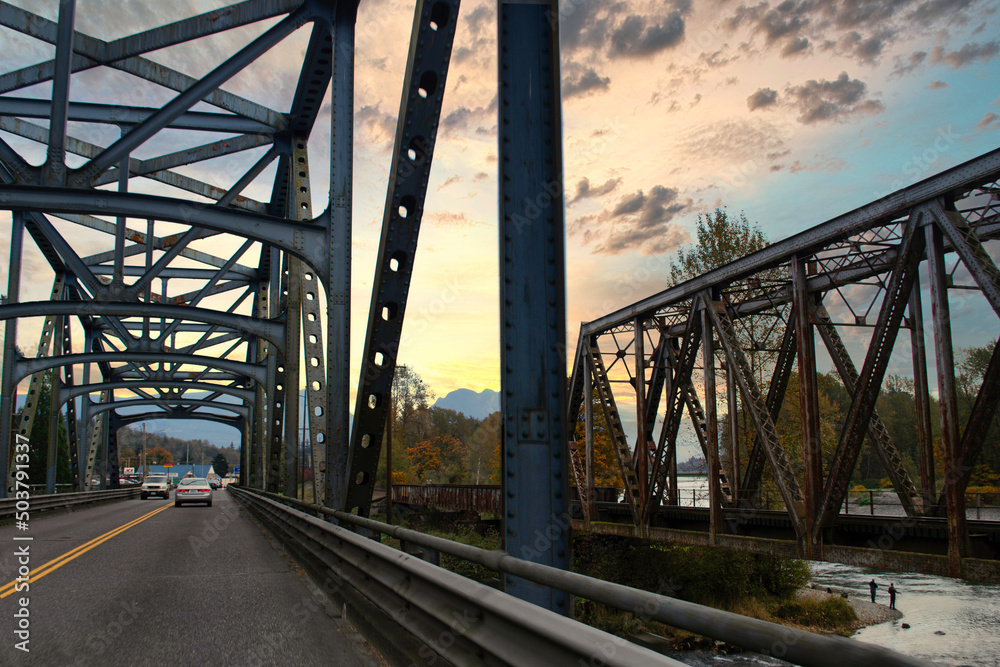 Fototapeta premium public railway bridge at sunset