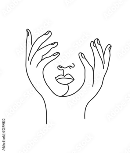 Woman face line drawing abstract art. Vector illustration. One line style