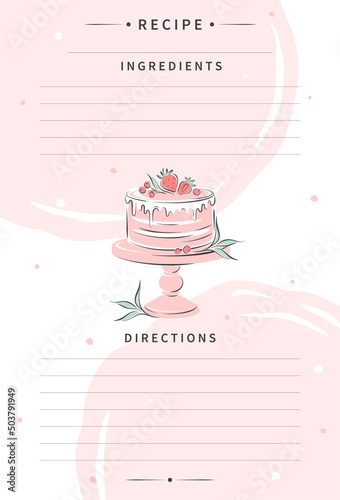 Recipe card template for cooking notes. Clean pages of the cookbook are decorated cake with berries. Vector illustration.
