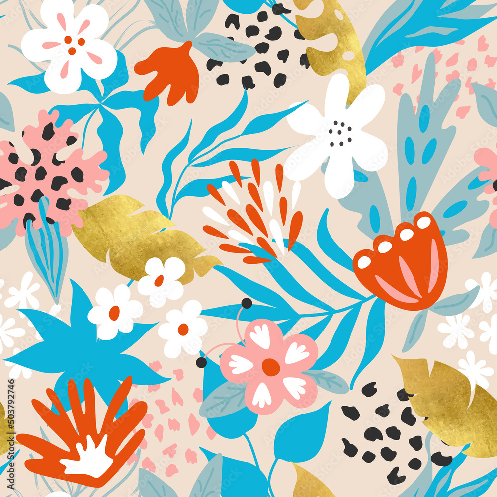 Modern seamless pattern with flowers and leaves.Abstract background for paper, wallpaper, cover, fabric and other users. Vector illustration Modern seamless pattern with flowers and leaves.Abstract background for paper, wallpaper, cover, fabric and other users. Vector illustration
