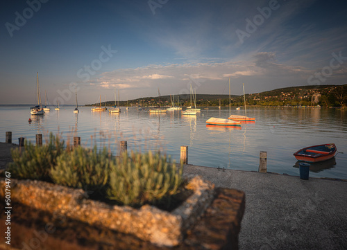 Sailboats in the port at lake Balaton, Hungary in summer