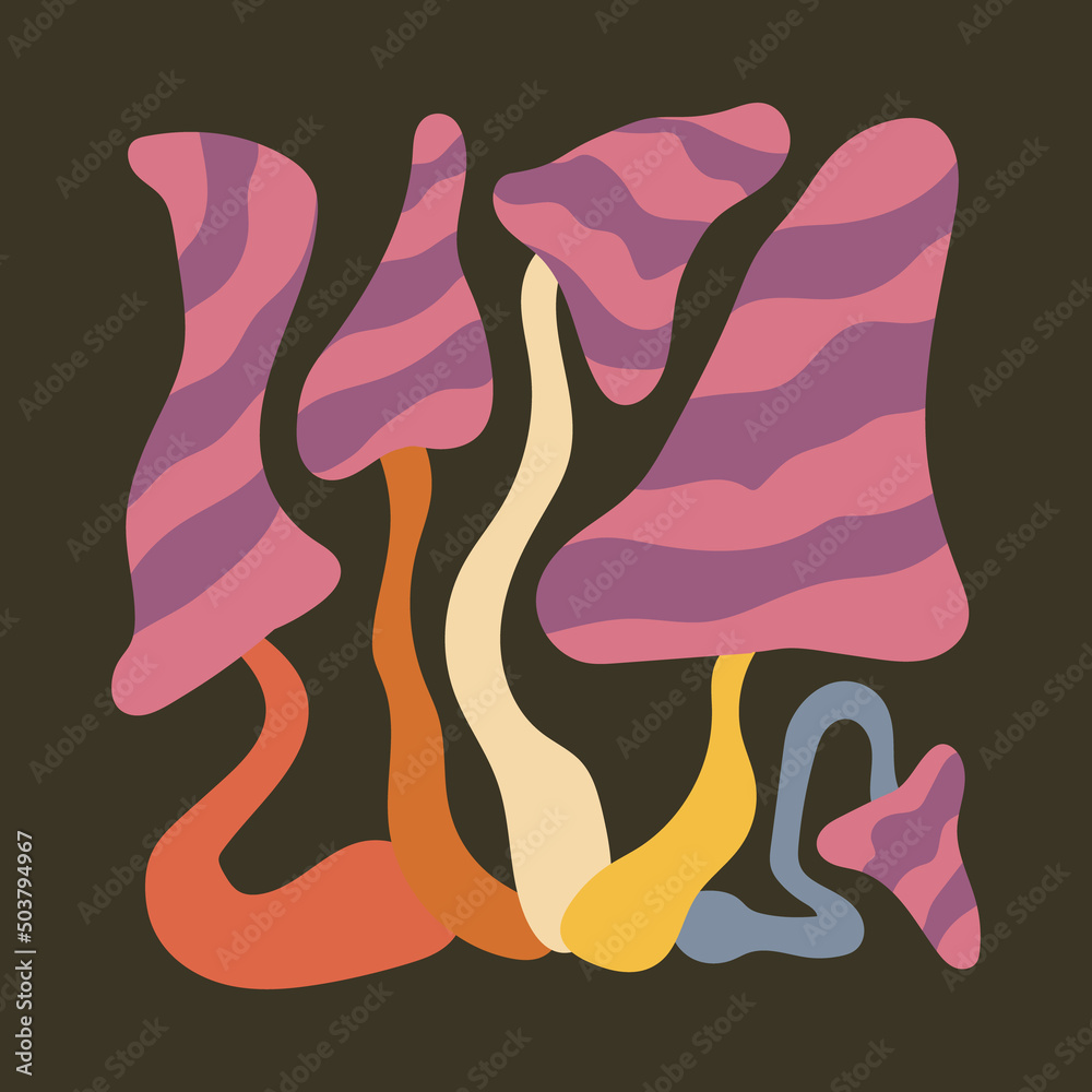 Groovy magic mushroom poster in retro trippy funky style. Organic shapes aesthetic wall art in trendy pallete. Curvy psychedelic summer boho decoration print. Groovy magic mushroom poster in retro trippy funky style. Organic shapes aesthetic wall art in trendy pallete. Curvy psychedelic summer boho decoration print.