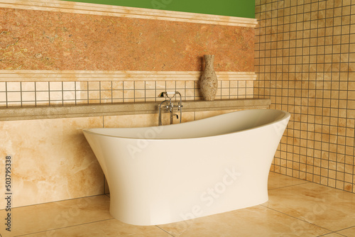 3d illustration render of bathroom design, bathroom renovation, ceramic tile laying, plumbing work, bathtub and faucet installation, for web, sanitary ware sales websites