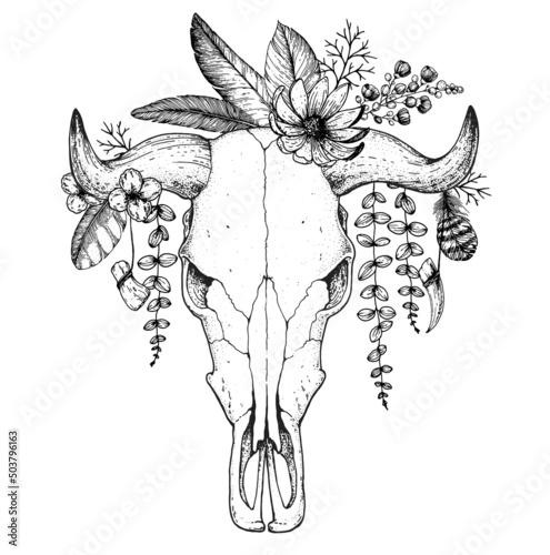 Buffalo Skull and flowers sketch. Hand drawn illustration. Wild west print. Vector illustration. Tattoo vintage print. Buffalo Skull and floral bouquet. T-shirt design.