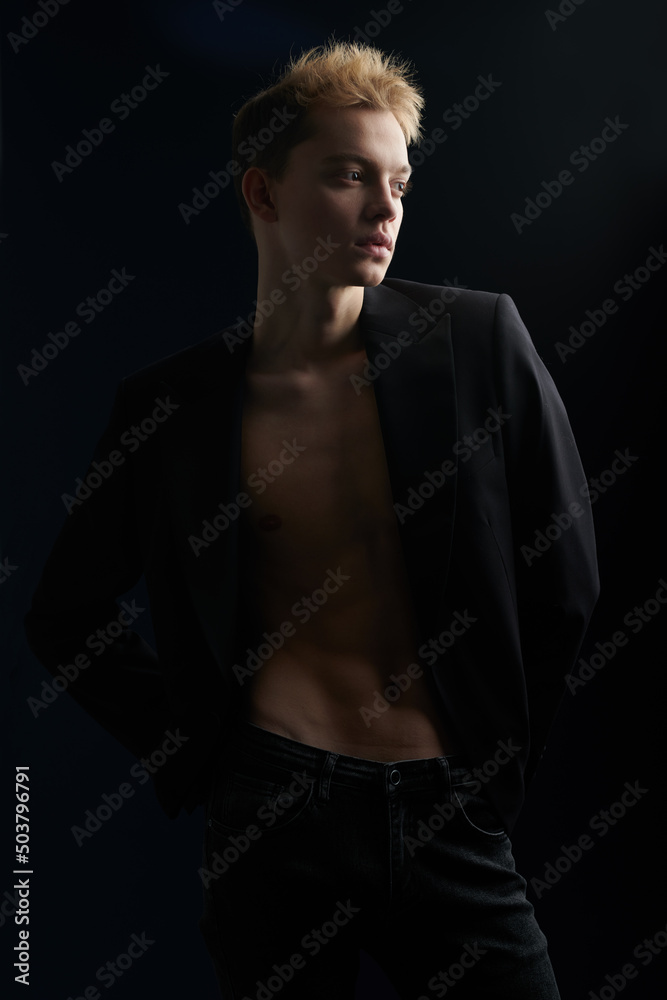 model in black jacket