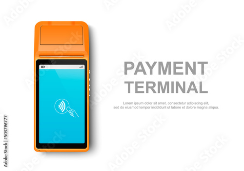 Vector Realistic Orange 3d Touch NFC Mobile Payment Machine. POS Terminal Closeup Isolated on White. Design Template of Bank Payment Wireless Contactless Terminal, Mockup. Payments device. Top View