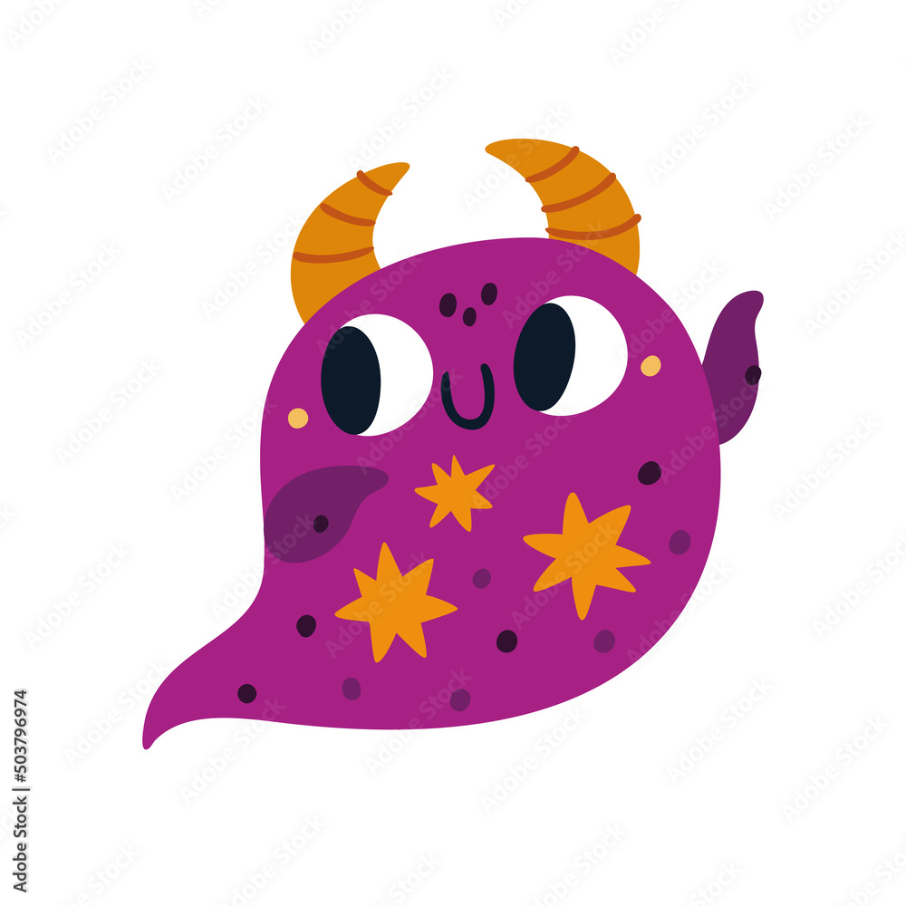Cute cartoon friendly monster illustration isolated on white background. Halloween happy character. Childish print with little ghost for kids Cute cartoon friendly monster illustration isolated on white background. Halloween happy character. Childish print with little ghost for kids