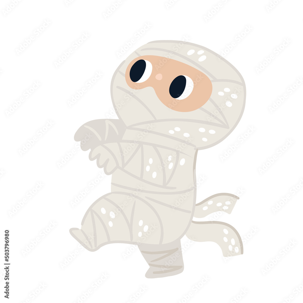 Fototapeta premium Cute mummy character. Halloween celebration kids costume. Little zombie cartoon illustration isolated on white background