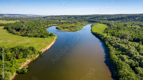 Fototapeta Naklejka Na Ścianę i Meble -  The Southern Urals, Bashkiria, the Ai River. Aerial view.