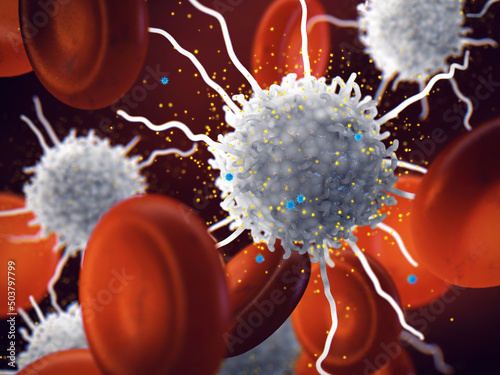 Macrophage releasing cytokines as a part of the body immune response to viral infection. A cytokine storm is the overproduction of cytokines which can lead to organ failure or even death photo