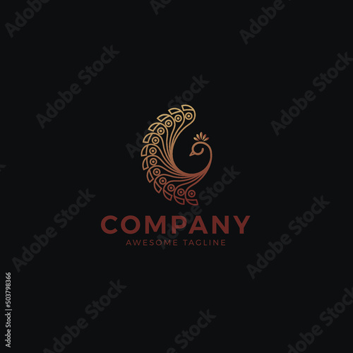 Vector of a monoline style logo template with a peafowl icon on a dark gray background