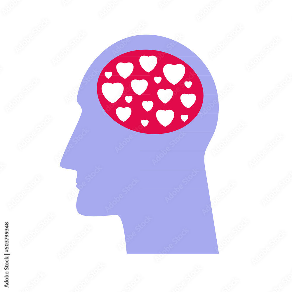 Silhouette of human head with heart shapes in a brain. Mental health ...