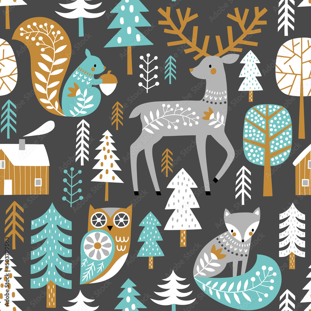 Seamless vector pattern with cute woodland animals and woods on dark grey background. Scandinavian woodland illustration. 