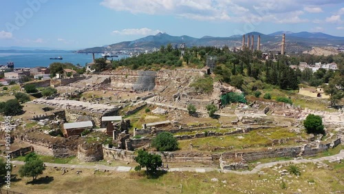 Aerial drone video of iconic archaeological site and Sanctuary of Ancient Elefsina mainly known for the Great Mysteries - the Eleusinian Mysteries, Attica, Greece photo