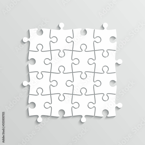 Puzzle pieces. Thinking game with 16 separate shapes. Jigsaw outline grid. Simple mosaic layout. Modern puzzle background. Laser cut frame. Vector illustration.