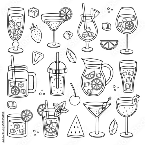 Hand drawn set of Tropical exotic cocktails doodle.  Summer drinks in sketch style.  Vector illustration isolated on white background.