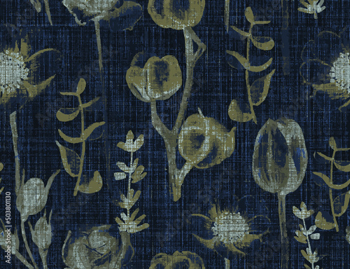 Seamless folklore india block print flower background. Arabesque ethnic soft furnishing fabric style. Soft painterly decorative pattern textile. Painterly blur linen raster all over print