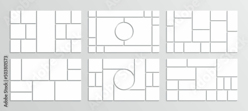 Collection of photo collage templates. Set mosaic pictures frames. Moodboard layout. Mood board grid. Retro album brandboard. Abstract photography mockup. Portfolio images. Vector illustration