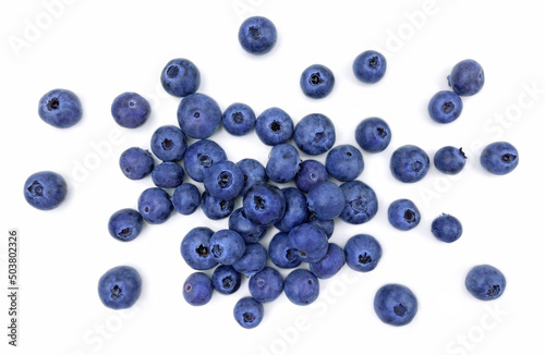 Heap of blueberries isolated on white background - Top view