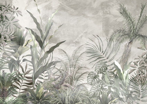 tropical trees and leaves wallpaper design in foggy forest - 3D illustration 