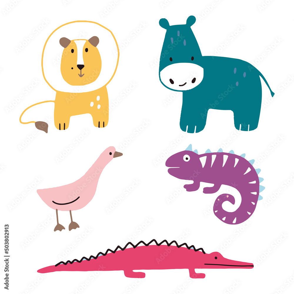 Collection of funny animal in cartoon style, vector illustrtion lion, hippopotamus, goose, chameleon, pink crocodile
