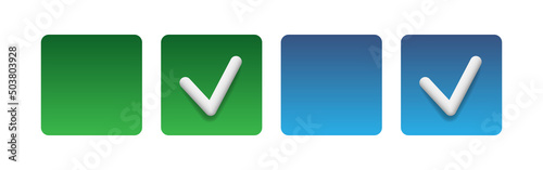 Checkbox. White 3d check mark on a green and blue square background. Vector clipart isolated on white background.