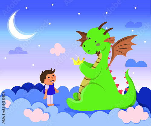 A boy is dreaming with dragon. Children's dream with a dragon giving a crown. Flat vector illustration of dragon and boy. 