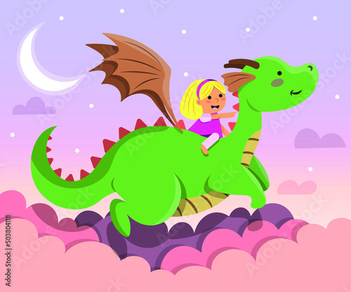 A girl is dreaming with dragon. Children's dream with a dragon flying with girl. Flat vector illustration of dragon and girl. 