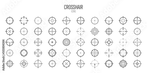 Crosshair, gun sight vector icons. Bullseye, black target or aim symbol. Military rifle scope, shooting mark sign. Targeting, aiming for a shot. Archery, hunting and sports shooting. Game UI element.