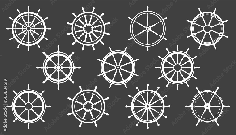 Collection of white vintage steering wheels. Ship, yacht retro wheel symbol. Nautical rudder icon. Marine design element. Vector illustration