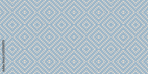 Vector geometric seamless pattern. Blue and beige abstract graphic background with squares, rhombuses, grid. Simple wicker texture. Ethnic tribal style ornament. Repeat retro vintage geo design
