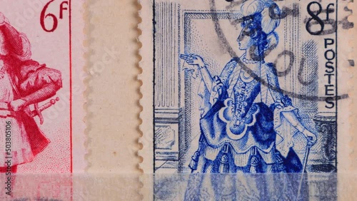 Cancelled postage stamps printed in France, shows Mannequin, Haute couture (Tribute to Christian Dior). Gargantua, literary character created by Francois Rabelais, Actors series photo