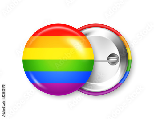 Realistic colorful badge with LGBTQ rainbow flag. Lesbian, gay, bisexual, transgender love symbol, pride month. 3D glossy round button. Pin badge mockup. Vector illustration