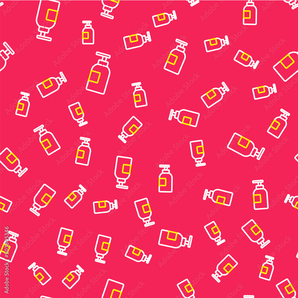 Line Hand sanitizer bottle icon isolated seamless pattern on red background. Disinfection concept. Washing gel. Alcohol bottle for hygiene. Vector