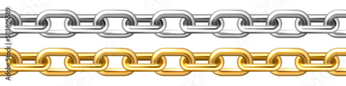 Realistic seamless golden and silver chains isolated on white background. Metal chain with shiny gold plated links. Vector illustration.