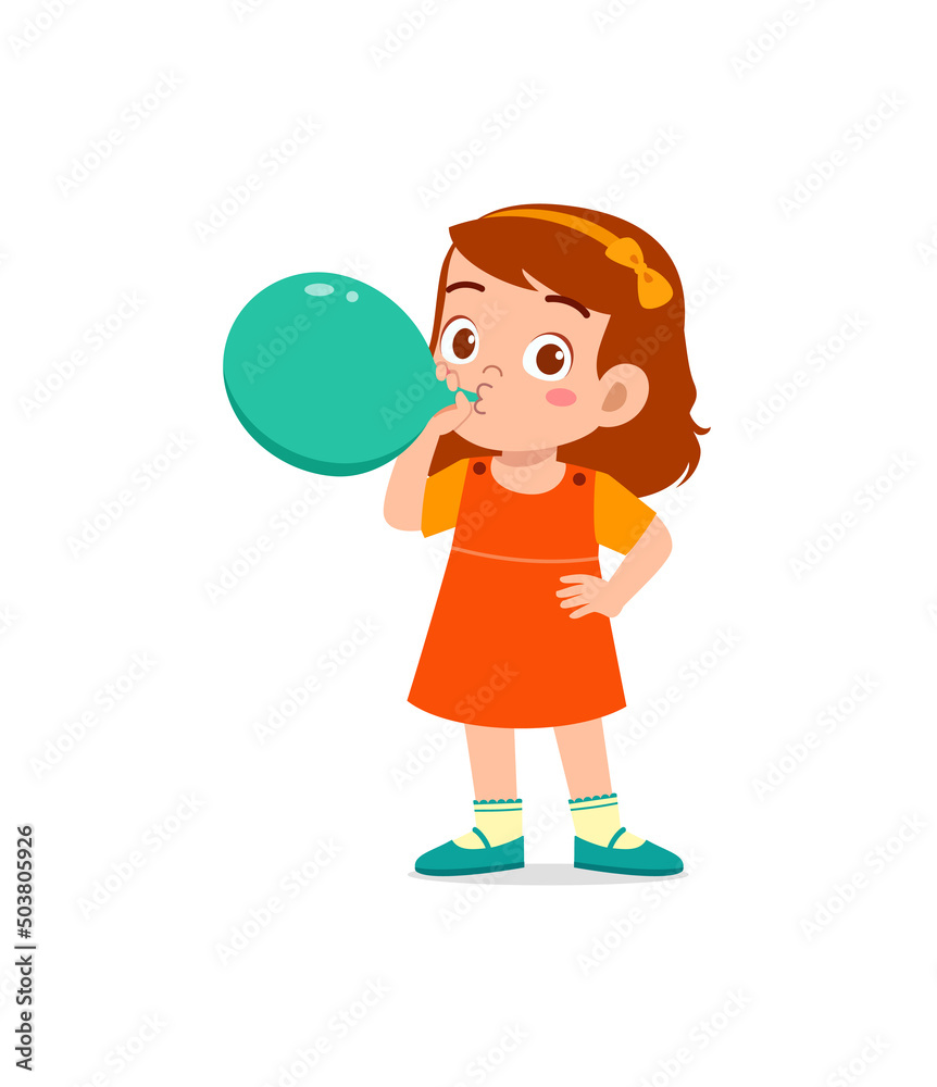 little kid standing and blowing a balloon little kid standing and blowing a balloon