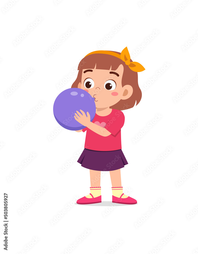 little kid standing and blowing a balloon