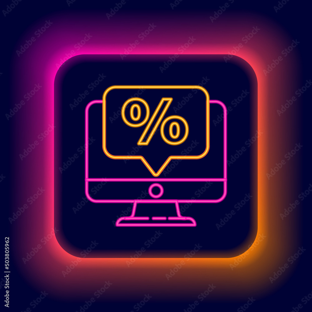 Glowing neon line Percent discount and monitor icon isolated on black background. Sale percentage - price label, tag. Colorful outline concept. Vector Glowing neon line Percent discount and monitor icon isolated on black background. Sale percentage - price label, tag. Colorful outline concept. Vector