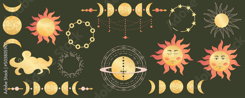 Phases of the moon,heavenly sun in set on dark background. Mystical sacred astrology with stars, cloud. Golden figures, elements in celestial bodies. Vector illustration. Moon phases and sun with face