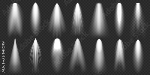 Spotlights collection. Bright light beam. Transparent realistic effect. Stage lighting. Glowing light rays. Vector illustration.