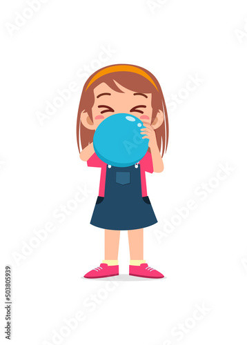 little kid standing and blowing a balloon