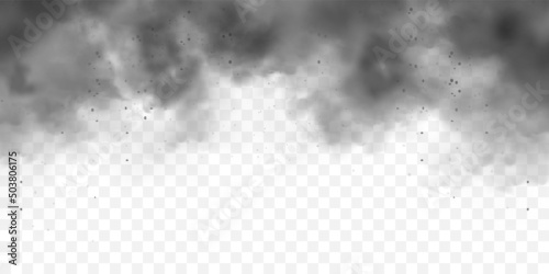 Black realistic smoke, dust clouds. Dirty polluted smog or fog with dirt particles. Air pollution, mist effect. Smoke from fire or explosion. Vector illustration