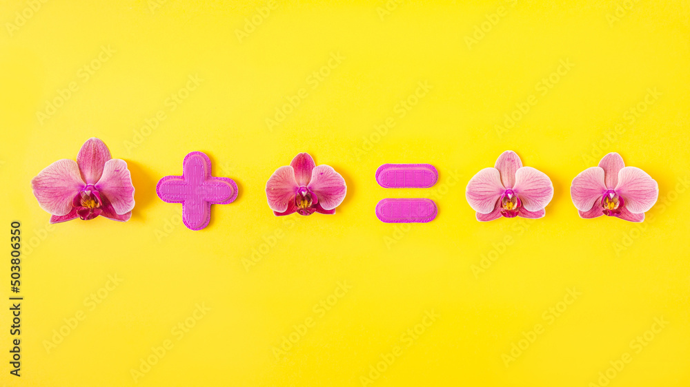 Pink orchid flowers aligned with plus and equal sign making an equation against yellow background. Minimal creative concept for banner or advertisement