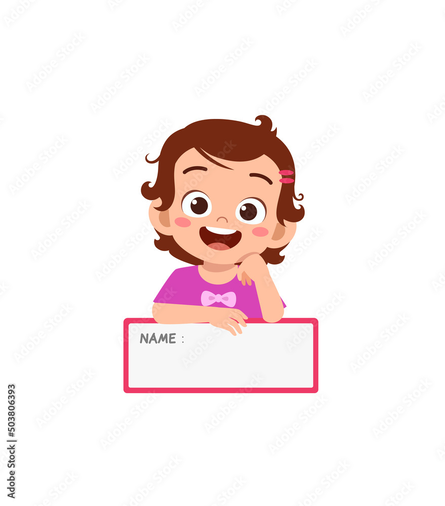 little kid holding name tag and feel happy