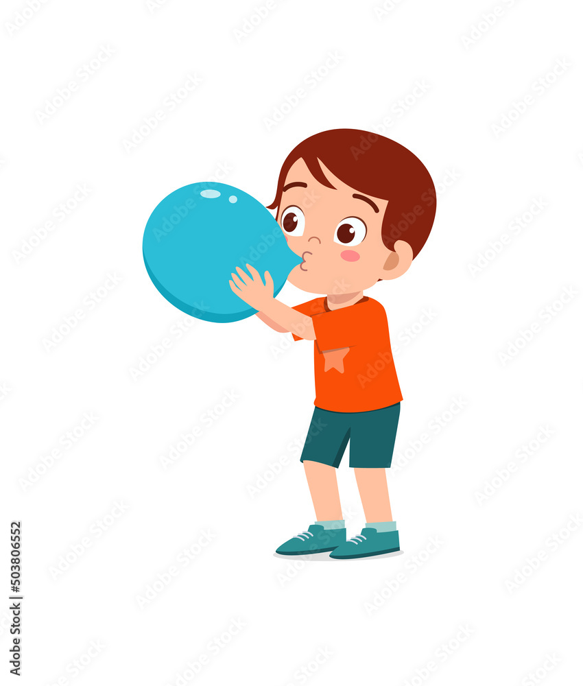 little kid standing and blowing a balloon little kid standing and blowing a balloon