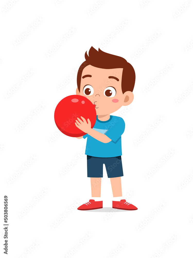 little kid standing and blowing a balloon little kid standing and blowing a balloon