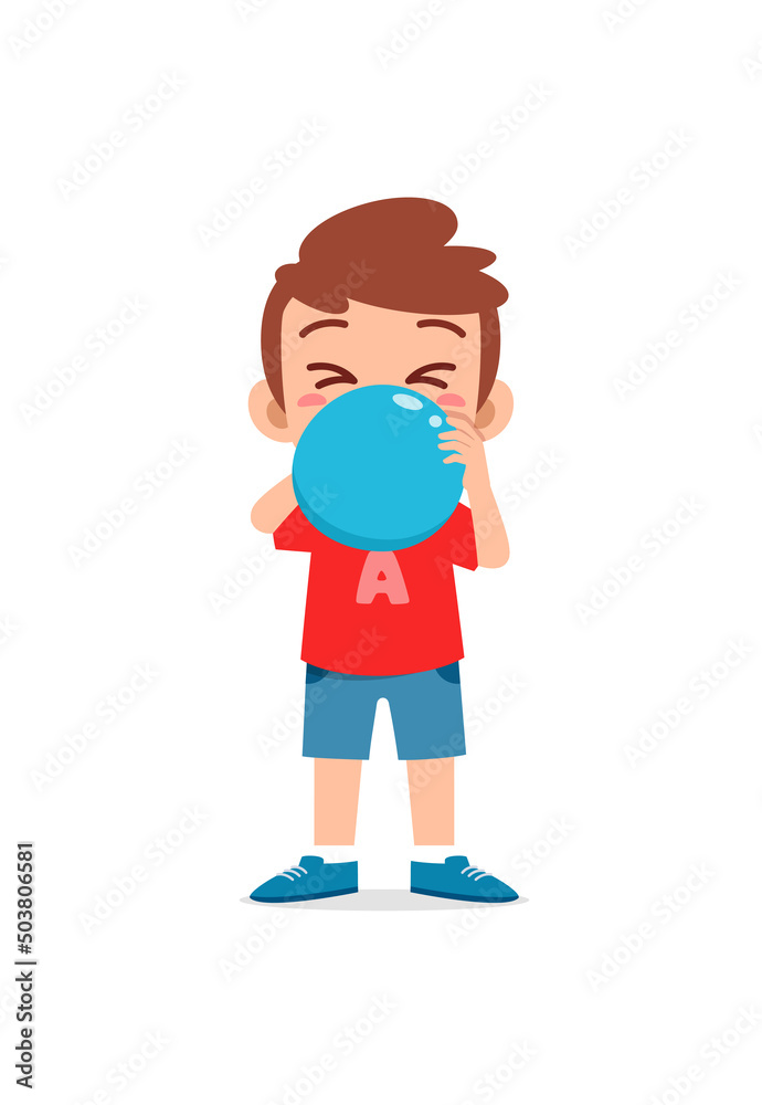 little kid standing and blowing a balloon