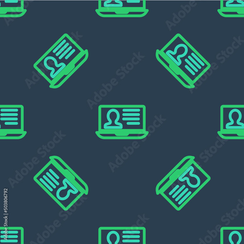 Line Laptop with resume icon isolated seamless pattern on blue background. CV application. Searching professional staff. Analyzing personnel resume. Vector © Kostiantyn