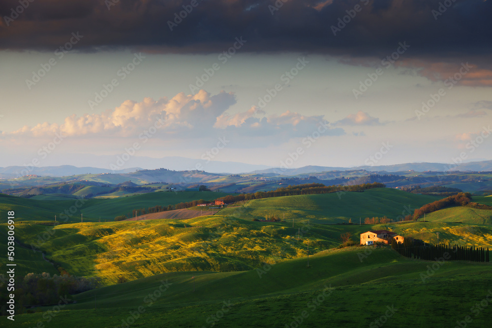 Summer rural landscape of rolling hills, curved roads and cypresses of Tuscany, Italy